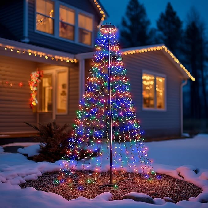 Dazzle Bright Christmas Tree Lights, 448 LED Waterfall Tree Topper Lights with Remote & 11 Modes, 8.2FT X 16 Lines Christmas Light for Indoor Outdoor Party Xmas Decoration, Warm White & Multi-Colored