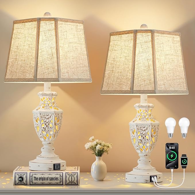 EJIAXIN Lamps for Night Stands Set of 2-23.5" Boho Bedside Lamp with USB A+C and Nightlight - Cream Rustic Carved Resin Farmhouse Table Lamp for Bedrooms, End Tables, Living Room, Bulbs Included