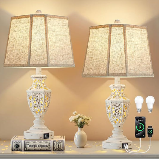 EJIAXIN Lamps for Night Stands Set of 2-23.5" Boho Bedside Lamp with USB A+C and Nightlight - Cream Rustic Carved Resin Farmhouse Table Lamp for Bedrooms, End Tables, Living Room, Bulbs Included