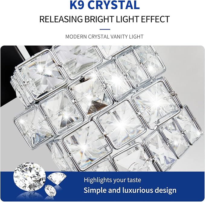 4 Lights Bathroom Vanity Light, Crystal Bathroom Light Fixture Over Mirror, Matte Black & Crystal Indoor Wall Lights | Chrome Glass Modern Lampshade for Sink, Mirror & Foyer Corridor