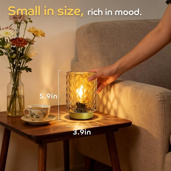 LUSHARBOR Battery Operated Lamp with Timer, Small Decorative Table Lamp Ambient, Glass Cordless Lamps Bedside Battery Powered Lamp for Bookshelf, Entryway Wave Design-Amber