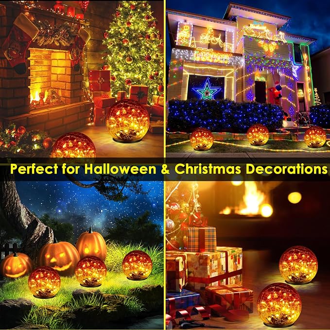 2 Pack 60 LED Garden Solar Outdoor Lights Decorative, Gradient red Cracked Glass Solar Globe Lights, Upgraded Waterproof Ball Lights for Yard Pathway Patio Lawn Christmas Outside Decor