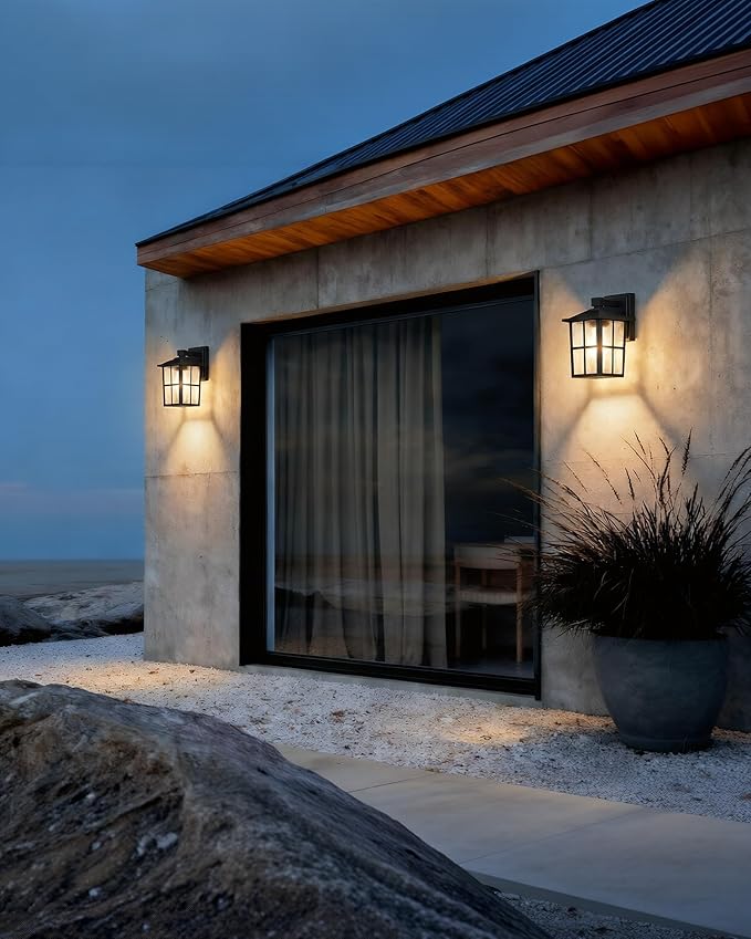 KDG Outdoor Waterproof Patio Wall Light Fixtures Set of 2, Black E26 Socket Exterior Lanterns with Tempered Glass, Modern Wall Mounted Lamp Suitable for Home, Front Door, Garden, Garage, Porch