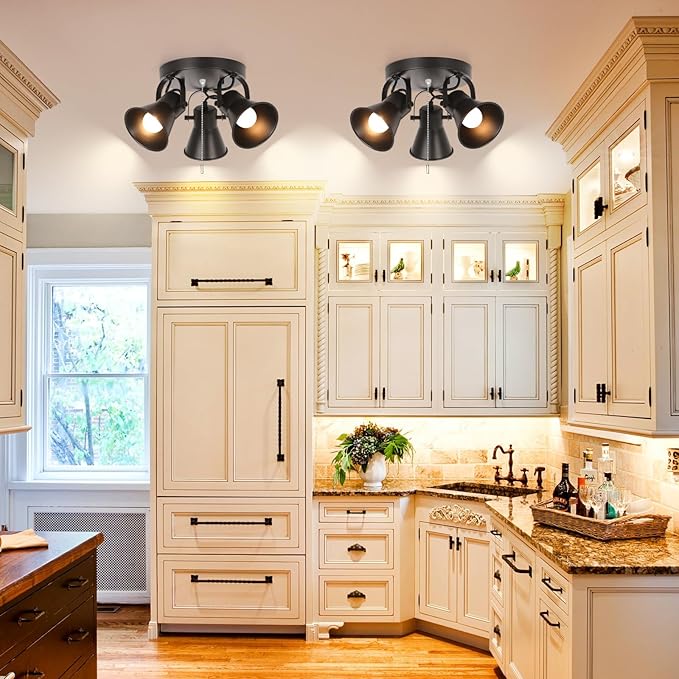 SEEBLEN 3-Light Industrial Track Lighting with Pull Chain On/Off Switch, Adjustable Round Kitchen Ceiling Light, Morden Black Flush Mount Directional Light for Kitchen, Hallway, Dining Room, Bathroom