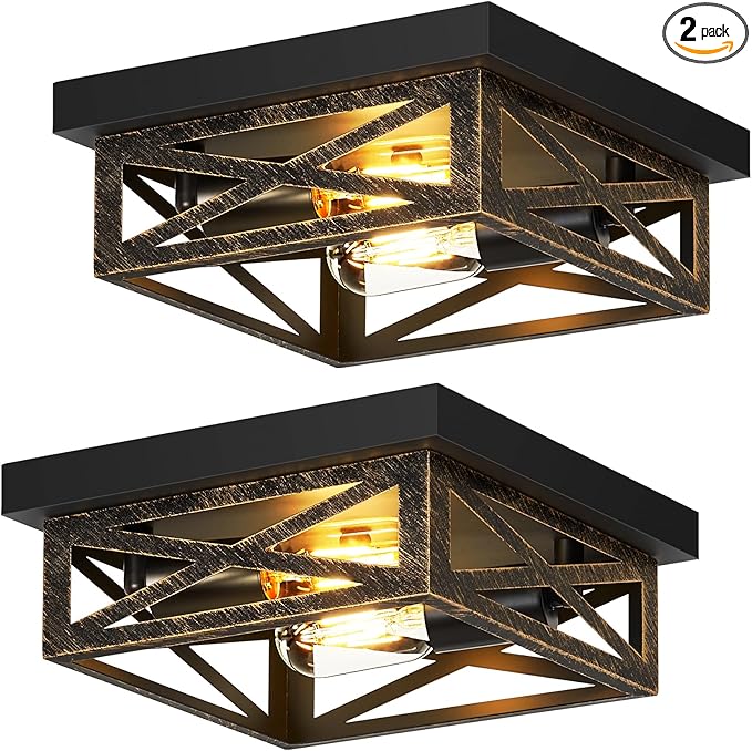 Black Flush Mount Ceiling Light Fixture,2-Light Square Rustic Vintage Metal Black Hallway Light Fixtures Ceiling for Farmhouse,Kitchen,Hall,Bedroom (2 Pack)