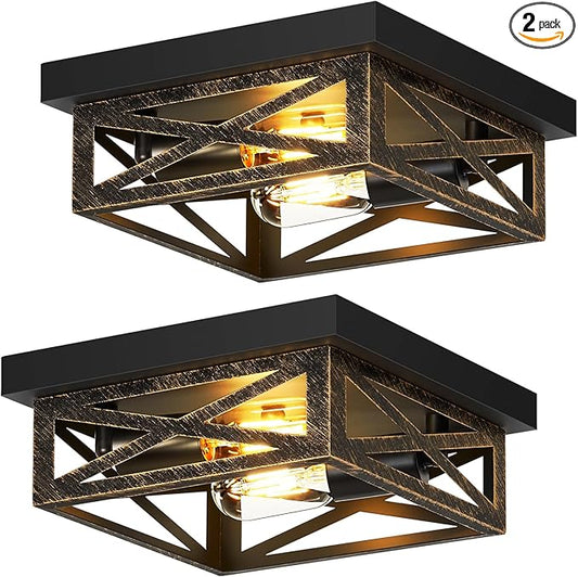 Black Flush Mount Ceiling Light Fixture,2-Light Square Rustic Vintage Metal Black Hallway Light Fixtures Ceiling for Farmhouse,Kitchen,Hall,Bedroom (2 Pack)