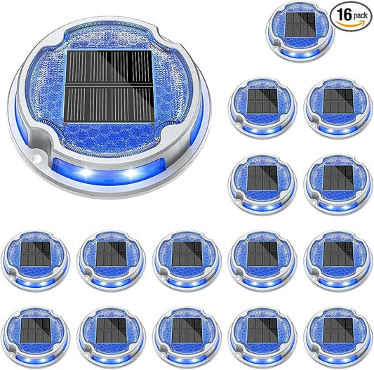VOLISUN Solar Driveway Deck Lights Dock Marine Lights,16 Pack Solar Ground Light 2 Colors in 1 led Waterproof,Driveway Marker Light for Pathway Warning Step (White/Blue),Auto On/Off