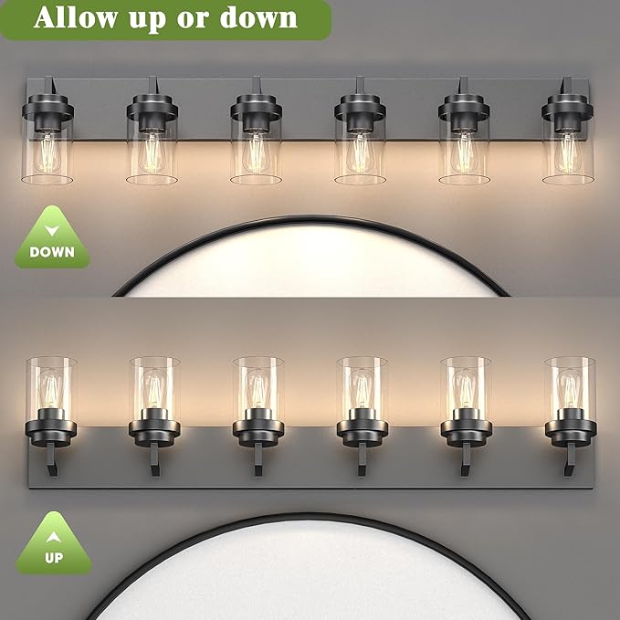 Espird Bathroom Vanity Light, 6 Light Bathroom Light Fixtures Over Mirror, Black Vanity Lights with Clear Glass Shade, Modern Bathroom Light Fixtures for Bedroom, Hallway