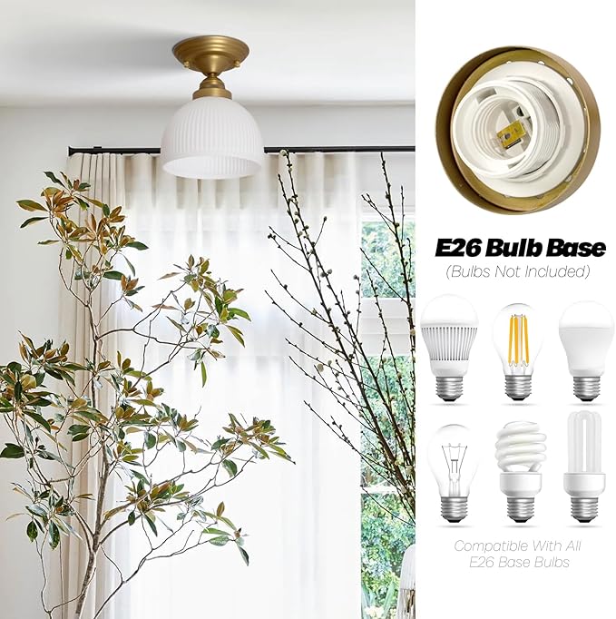 Industrial Flush Mount Ceiling Light with White Striped Globe Glass Lampshade, Vintage Glass Close to Ceiling Light Fixture for Kitchen Island Bedroom Entryway Stairwell
