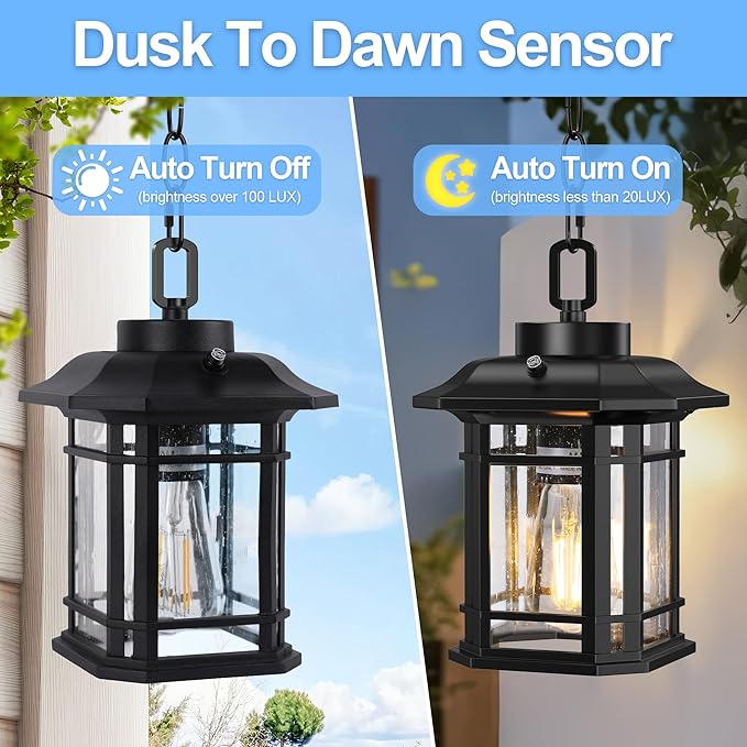 WIHTU Dusk to Dawn Outdoor Pendant Lights for Porch,Anti-Rust Aluminum Exterior Hanging Light Fixture with Adjustable Chain,Farmhouse Chandelier Ceiling Light for Entryway Garden Patio(Bulb Included)