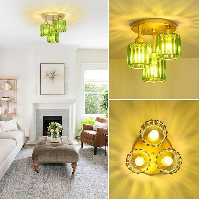Green Crystal Close to Ceiling Light Fixtures,3-Light Modern Semi Flush Mount Ceiling Light,Kitchen Light Fixture with Crystal Shades,Hallway Lighting Fixture for Entryway Bedroom Bathroom