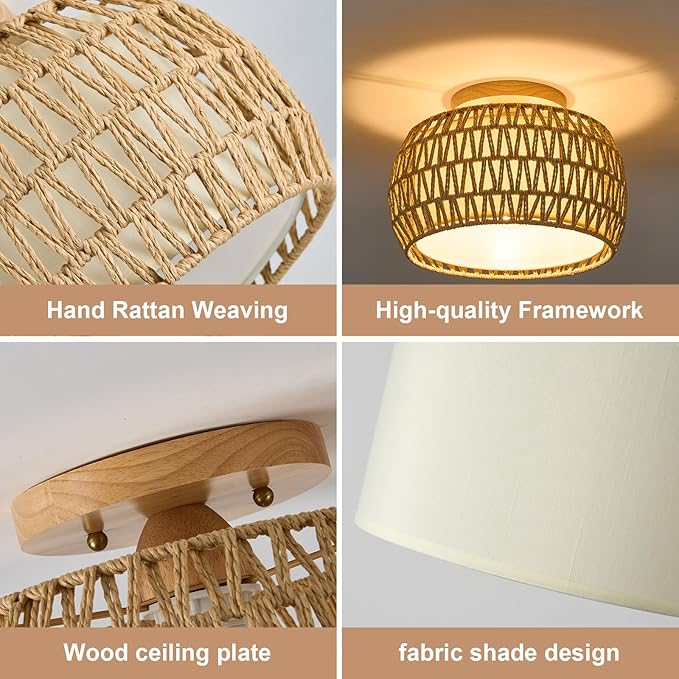 Boho Rattan Flush Mount Ceiling Lights 12 Inch Farmhouse Ceiling Light Fixtures Rustic Wicker Hand Woven Rope Cage for Dining Room Kitchen Bedroom Foyer Hallway Entryway