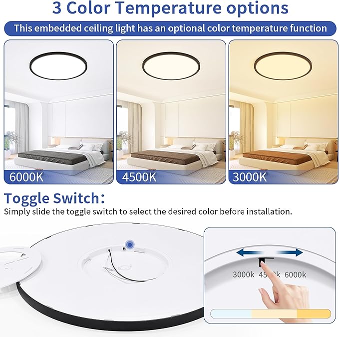 20 inch Led Ceiling Light, Ultra Thin Dimmable Flush Mount Ceiling Light, 3000K/4000K/6500K Selectable Round Ceiling Lamp for Bedroom Kitchen Living Room, Black