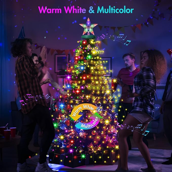 Christmas Tree Lights with Star Topper, 410LED Christmas String Lights with Ring for Tree, 6.6FT x 16 Lines Fairy Lights with 11 Modes for Indoor Outdoor Xmas Tree Decor, Warm White & Multi-Colored