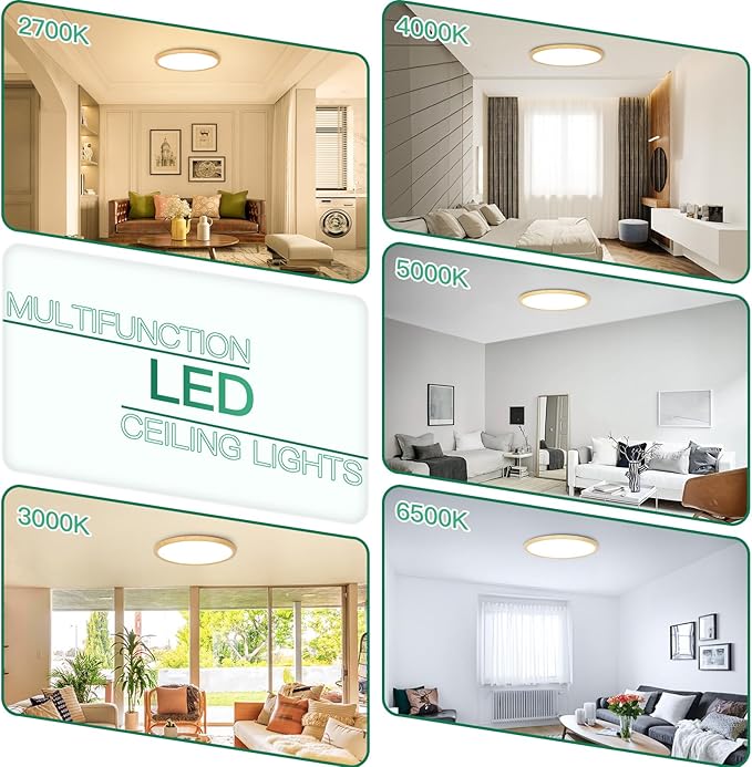 Brightever 2 Pack LED Flush Mount Ceiling Light Fixture, 12 Inch 24W, Super Slim 0.67 Inch 3200LM LED Ceiling Lights Wooden Color, Dimmable & 2700K-6500K 5 Color in One Ceiling Lamp for Office