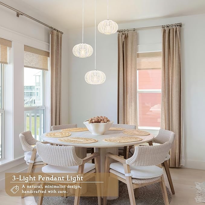 12" Boho White 3-Light Boho Chandeliers for Kitchen Island Hand-Woven Boho Rattan Chandeliers Dimmable Adjustable Hanging Wicker Chandelier for Dining Room Living Room （Bulb Incl.）