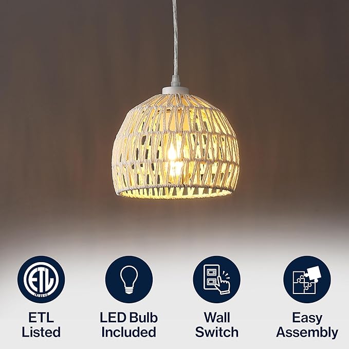 JONATHAN Y 8.25" Cream Modern Bohemian Woven Rope LED Pendant Light Fixture, Adjustable Dome Ceiling Lamp for Kitchen Island, Rope Shade, Coastal Farmhouse Decor (JYL6512C)