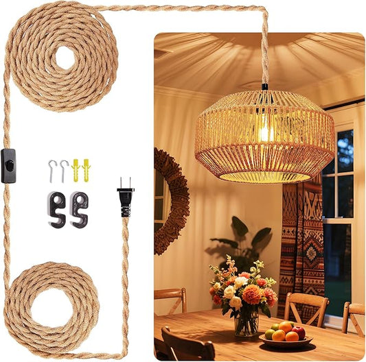 Maliralt Hanging Lamps Rattan Pendant Light Hanging Lights 16.4ft Plug in Cord Pendant Light Fixture Plug Into Wall Outlet Pendant Lighting with On Off Switch for Bedroom Living (Pumpkin Shade)