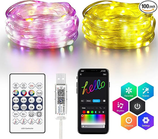VIPMOON Fairy Lights Color Changing 2Pack, 33 ft 100 LED Twinkle String Lights with Remote & APP Control, USB Powered & IP65 Waterproof, Christmas Tree Lights Decoration for Bedroom Holiday Party