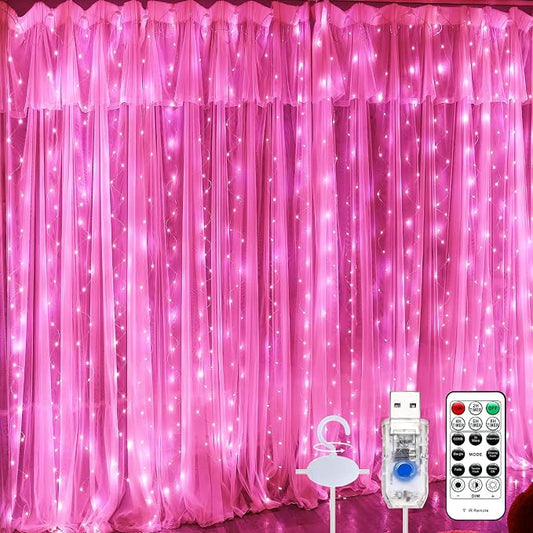 600LED Pink Curtain Lights for Bedroom, 19.6ft x 9.8ft Fairy Curtain String Light with 24 Hooks, 8 Modes Hanging Lights for Wedding, Party, Backdrop, Window, Xmas Decor