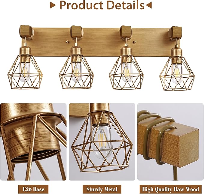 Farmhouse Bathroom Light Fixtures, 4-Light Gold Bathroom Vanity Light, Rustic Matte Antique Brass Finish with Metal Lampshade, Wall Sconces for Bedroom, Living Room, Hallway