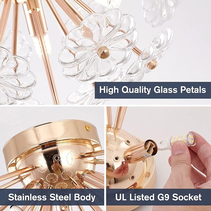 CM MZY Sputnik Flush Mount Ceiling Light, Gold Metal Flower Ceiling Light Fixtures, 3-Light Farmhouse Close to Ceiling Lamp Fixture for Bedroom Closet Kitchen Living Room Hallway(Dia 13.8")