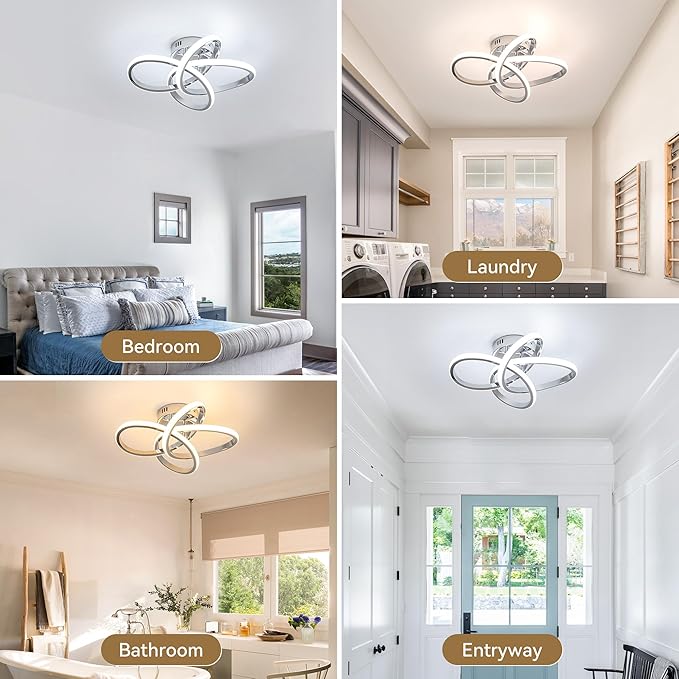 Modern LED Ceiling Light with Remote Control, Stepless Dimming, 3000-6000K Selectable, 36W, Dimmable LED Chandelier for Bedroom, Bathroom, Entryway, Hallway, Chrome Finish