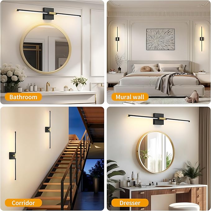 Morauroral 40 Inch Battery Operated Wall Sconce Set of Two, Dimmable Wall Sconces with Remote Control, Black Gold Rechargeable Sconces, Modern Wireless Wall Lights for Bathroom, Bedroom,Living Room