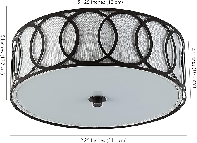 JONATHAN Y 12.25" Oil Rubbed Bronze 2-Light Modern Metal LED Flush Mount Ceiling Light for Bedroom Hallway, White Linen Drum Shade with Geometric Fretwork, LED Bulbs Included (JYL3502C)