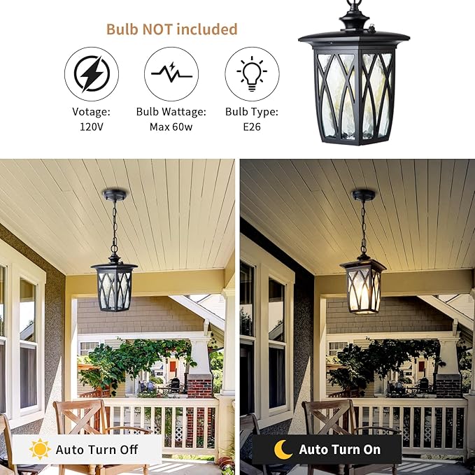 JYZ Dusk to Dawn Outdoor Pendant Lantern, 12 Inch Craftsman Style Exterior Hanging Light with Water Ripple Glass, Traditional Outdoor Chandelier for Front Porch Patio Garden Gazebo Pergola