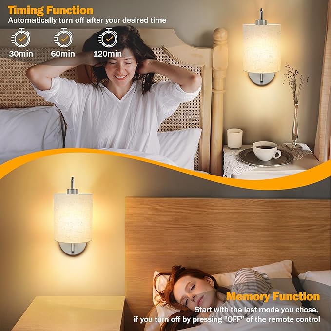 MATAMEYE Battery Operated Wall Sconce Set of 2, Brushed Nickel Rechargeable Dimmable Wall Light Fixture Remote, 12 RGB Colors & Timer, Wireless Lamp White Shade