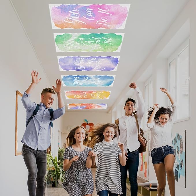 QOUBAI 6PCS Fluorescent Light Covers, 4x2 Feet Magnetic Light Cover Fluorescent Lights Shade Panel Positive Inspirational Ceiling Lights Filters for Office Classroom Home Drop Ceiling Watercolor