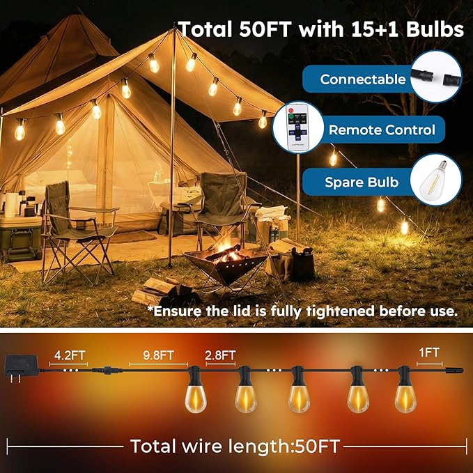 GvvooHome 50FT Outdoor String Light with S11 Plastic Bulbs, Low-Voltage LED Patio Lights with App & Remote, Music Sync, 4 Lighting Modes, Dimmable & Waterproof for Backyard, Porch, Garden, Deck, Party