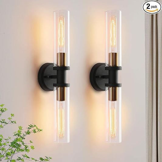 Black and Brass Gold Wall Sconces Set of Two with Clear Glass Shade - Indoor Wall Decor Set of 2