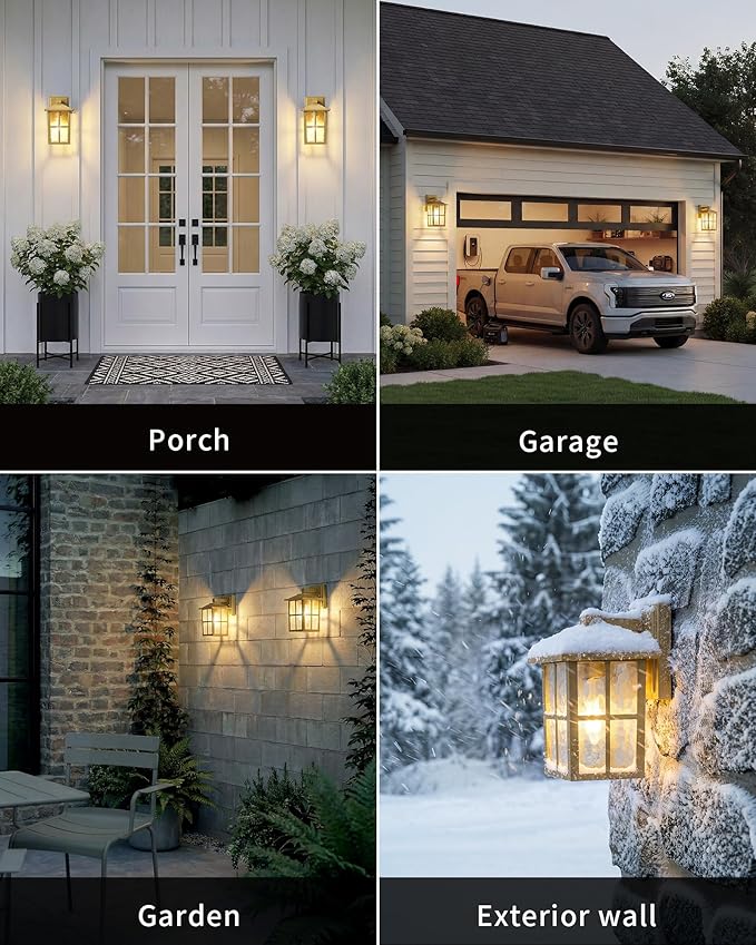 KDG Outdoor Waterproof Patio Wall Light Fixtures Set of 2, Gold E26 Socket Exterior Lanterns with Tempered Glass, Modern Wall Mounted Lamp Suitable for Home, Front Door, Garden, Garage, Porch