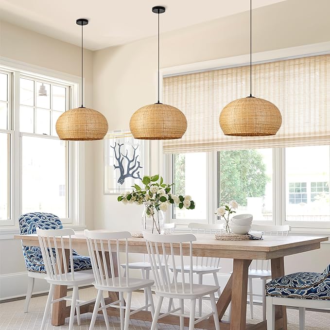 18.93in Bamboo Pendant Lights Wicker Light Hand-Woven Rattan Light Fixture Boho Coastal Ceiling Chandelier Lighting for Beach Kitchen Island Restaurant Hallway Dining Room Bedroom