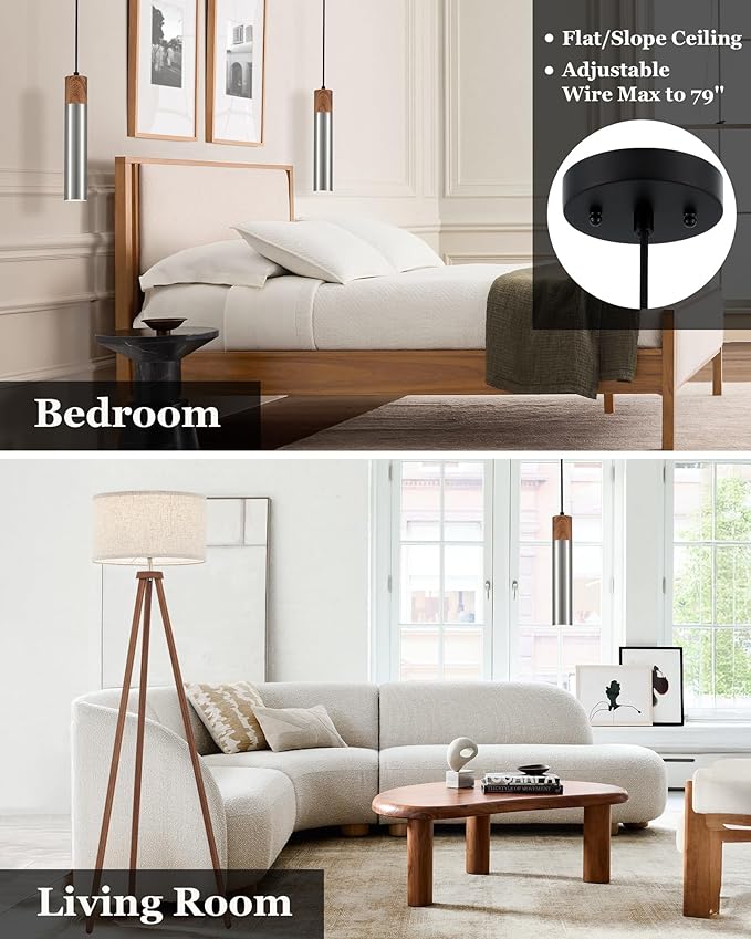 ELYONA Modern Pendant Light for Kitchen Island, Brown Wood Grain & Brushed Nickel Metal Bauhaus Hanging Light Fixture for Dining Room, Bedroom, Adjustable Height, GU10 LED Bulb Included, 1 Pack