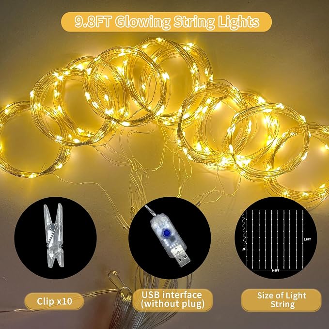 Champagne Tulle Backdrop Curtains with Lights String for Parties - 10×10Ft Sheer Backdrop Curtains with Lights for Wedding, Baby Shower, Birthday Party, Photo Shoot Background Decoration
