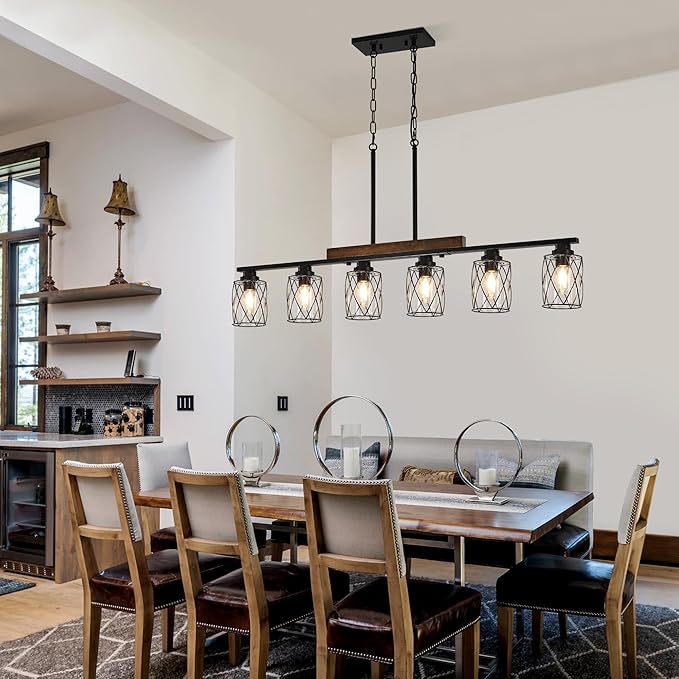 6-Light Dining Room Light Fixture/Chandelier Over Table, Island Lighting Hanging for Farmhouse Linear Chandeliers Matte Black Rustic Wood Ceiling Pendant Light Fixtures, with Clear Glass Shade
