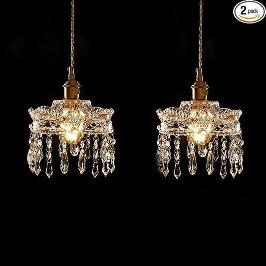 Modern Crystal Pendant Light, Mini Chandelier with Brass Base, Adjustable height,with switch Clear Glass Droplets for Bedroom, Bathroom, Hallway, Kitchen Island, Entryway (2-pack,Hard-wired)