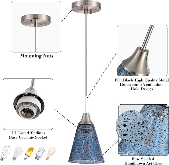 Viinew Mini Glass Pendant Light,5.9" Horn Shape Dark Blue Glass Hanging Light,1-Pack Handblown Clear Blue Seeded Shade Adjustable Cord Ceiling Light Fixture for Kitchen Island Sink