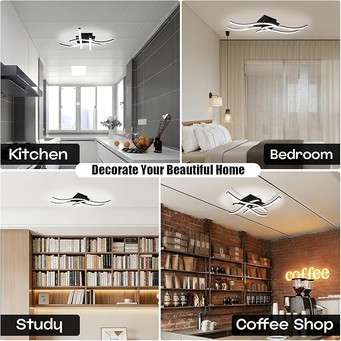 24W Modern LED Ceiling Light Fixture, 19.7Inch Curved Wave Ceiling Lamp for Bedroom, Kitchen, Hallway, Foyer Library Dining Room Black 6000K Modern Ceiling Light Fixture