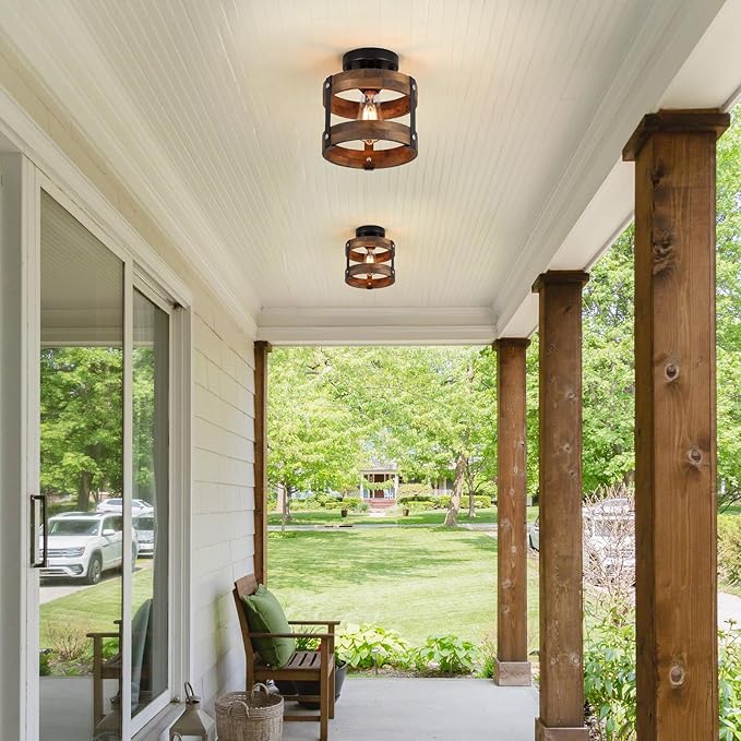 2 Pack Rustic Farmhouse Wood Flush Mount Ceiling Light Fixture Oak Wood and Metal Round Cage Small Semi Flush Mount Ceiling Light for Kitchen Hallway Entry Bedroom Country Farmhouse, Black