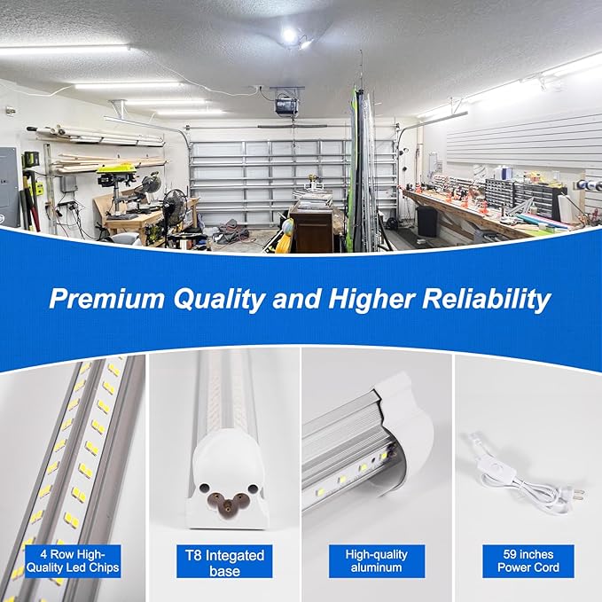 Led Shop Lights,4FT LED Light 50W 6500K 7000LM Led Daylight,Garage Light Linkable Clear Cover Integrated V-Shape for Garage Warehouse Workbench Workshop(8-Pack)