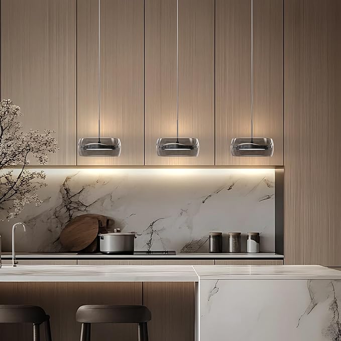 Modern Pendant Lights Kitchen Island, Dual-Sided LED 3-CCT Dimmable Smoked Glass Hanging Lighting Fixture, Adjustable Cable for Dining Room, Bar, Over Table, Sloped Ceiling Chrome Silver