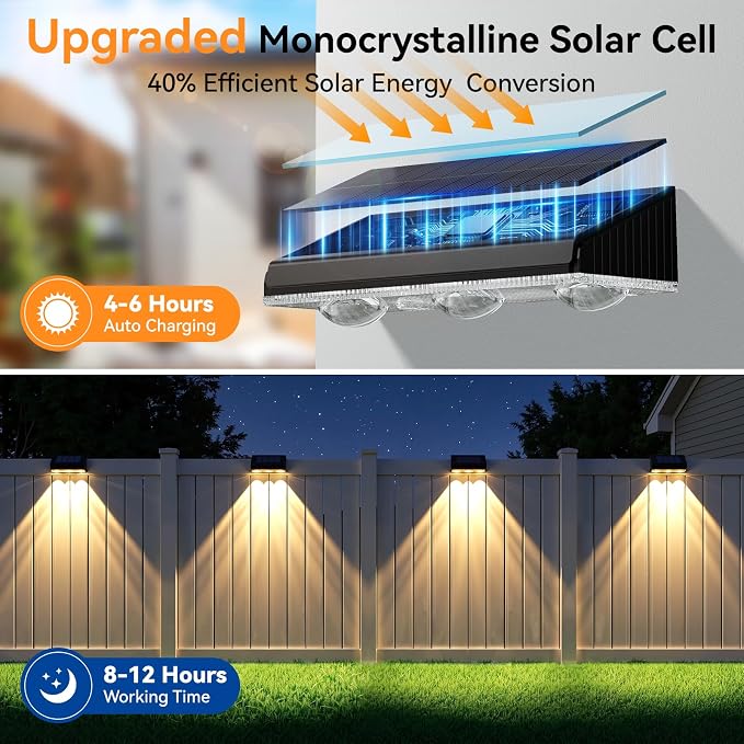 Solar Fence Lights Outdoor 12 Pack, Upgraded Brightness 3X LED Lens Fence Lights Solar Powered,9 Fixed Colors & RGB Lights, IP65 Waterproof Solar Lights for Outside Backyard/Railing/Step/Patio