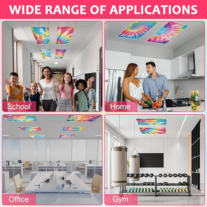 QOUBAI 6PCS Fluorescent Light Covers, 4x2 Feet Magnetic Light Cover Fluorescent Lights Shade Panel Positive Inspirational Ceiling Lights Filters for Office Classroom Home Drop Ceiling Tie Dye