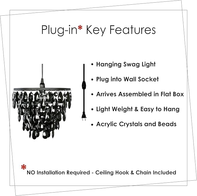 gypsy color The Original Brink House Plug-in 1 Light Black Dome Chandelier H10”xW11.5”, Black Metal Frame with 5 Tiers of Acrylic Crystals