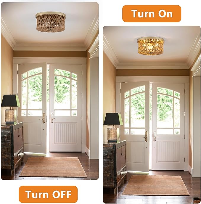 Rattan Ceiling Light, 3 Light Boho Light Fixture, Round Woven Flush Mount Ceiling Light for Entryway, Hallway, Bedroom, Kitchen
