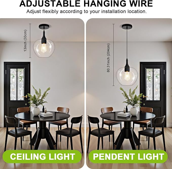 Glass Pendant Lights Kitchen Island, 9.45'' Matte Black Pendant Lighting Fixtures, Modern Hanging Ceiling Light with Clear Glass Shade for Farmhouse Dining Room Bedroom Hallway(1 Pack)